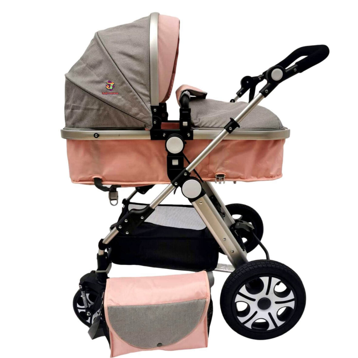 Carucior 2in1, roti cauciuc, landou reversibil, accesorii, roz/gri