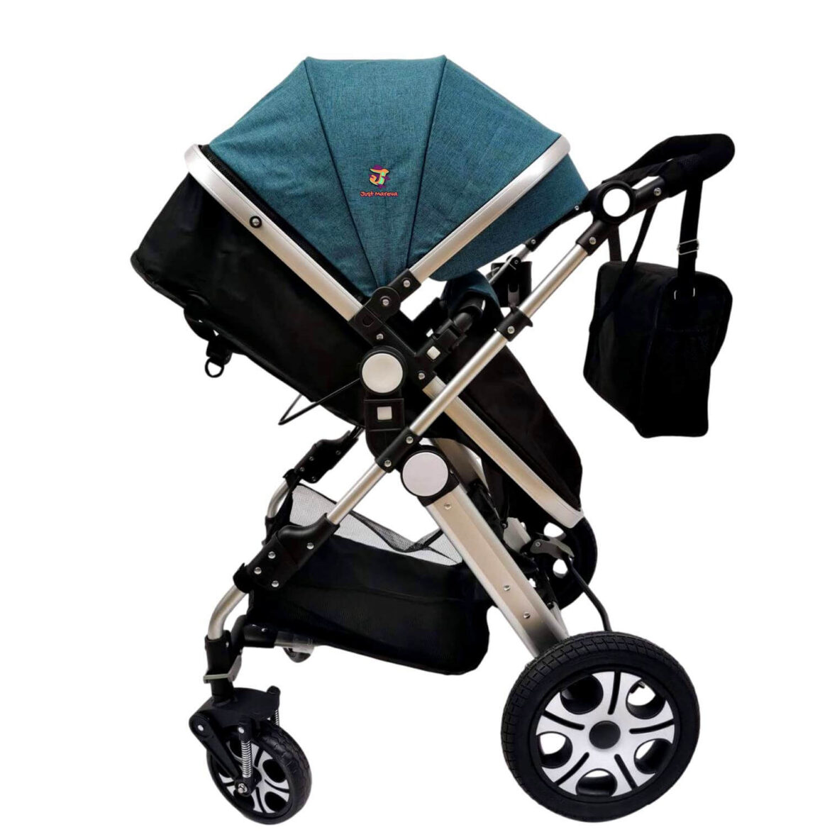 Carucior 2in1, roti cauciuc, landou reversibil, accesorii, verde